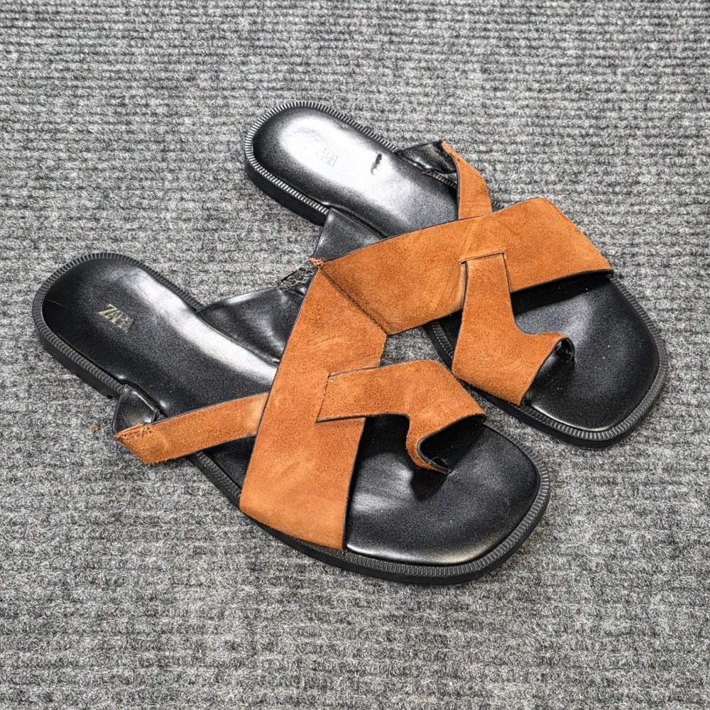 Zara Suede Crossover Toe Loop Flat Sandals Women's Size 37 US 6.5 Brown Slip On - Picture 2 of 8